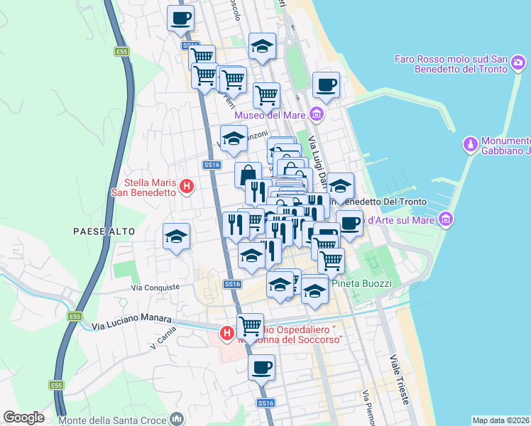 map of restaurants, bars, coffee shops, grocery stores, and more near 93 Via Palestro in San Benedetto del Tronto