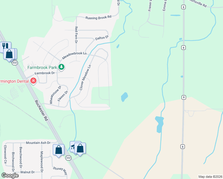 map of restaurants, bars, coffee shops, grocery stores, and more near 1565 Meadowbrook Lane in Farmington