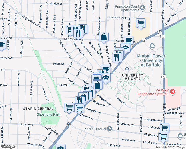map of restaurants, bars, coffee shops, grocery stores, and more near 78 Englewood Avenue in Buffalo