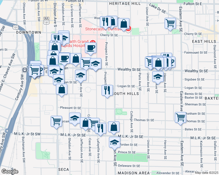map of restaurants, bars, coffee shops, grocery stores, and more near 348 Logan Street Southeast in Grand Rapids
