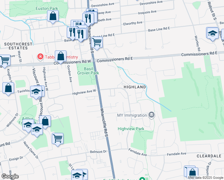 map of restaurants, bars, coffee shops, grocery stores, and more near 89 Highview Avenue East in London