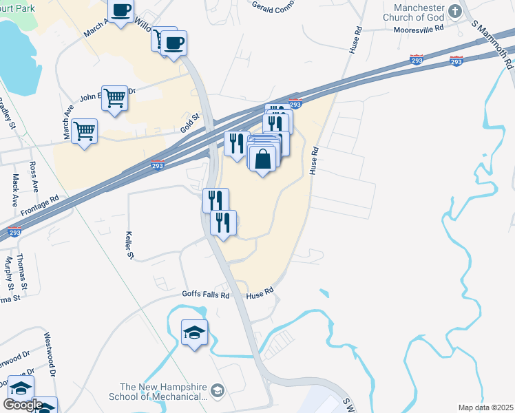 map of restaurants, bars, coffee shops, grocery stores, and more near 1500 South Willow Street in Manchester