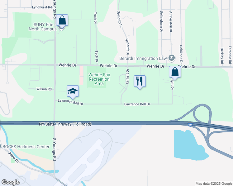 map of restaurants, bars, coffee shops, grocery stores, and more near 119-153 Earhart Dr in Buffalo