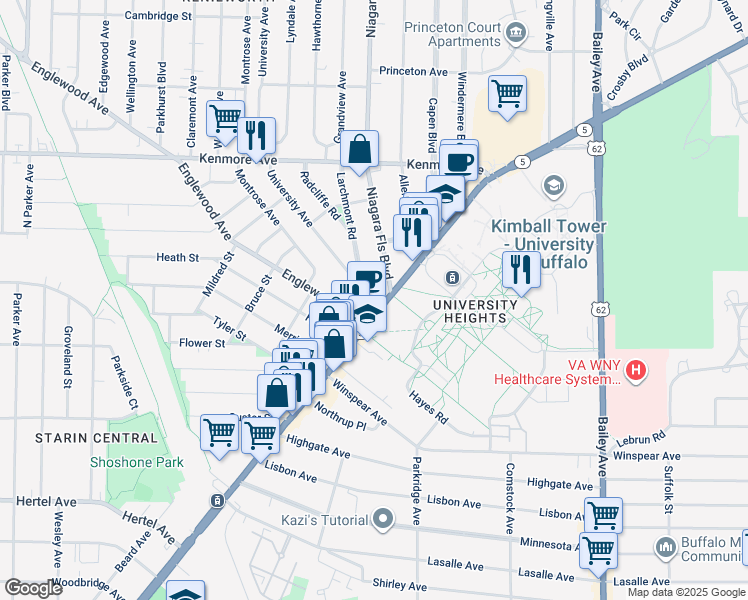 map of restaurants, bars, coffee shops, grocery stores, and more near 12 University Avenue in Buffalo