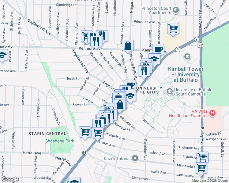 map of restaurants, bars, coffee shops, grocery stores, and more near 78 Englewood Avenue in Buffalo