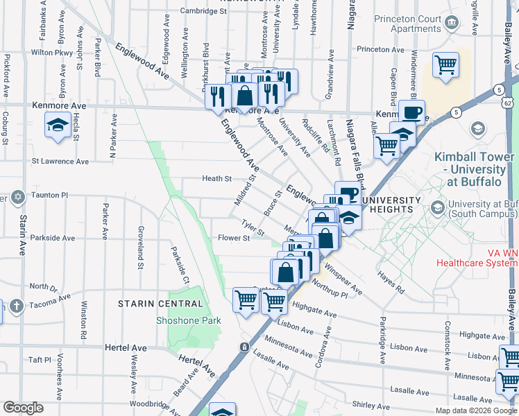 map of restaurants, bars, coffee shops, grocery stores, and more near 135 Merrimac Street in Buffalo
