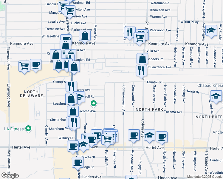map of restaurants, bars, coffee shops, grocery stores, and more near 223 Virgil Avenue in Buffalo