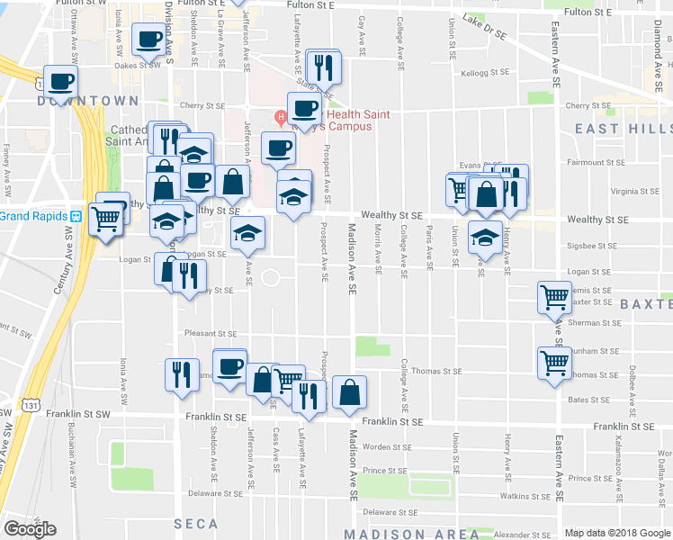 map of restaurants, bars, coffee shops, grocery stores, and more near 459 Prospect Avenue Southeast in Grand Rapids