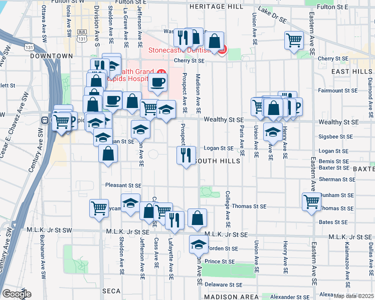 map of restaurants, bars, coffee shops, grocery stores, and more near 459 Prospect Avenue Southeast in Grand Rapids