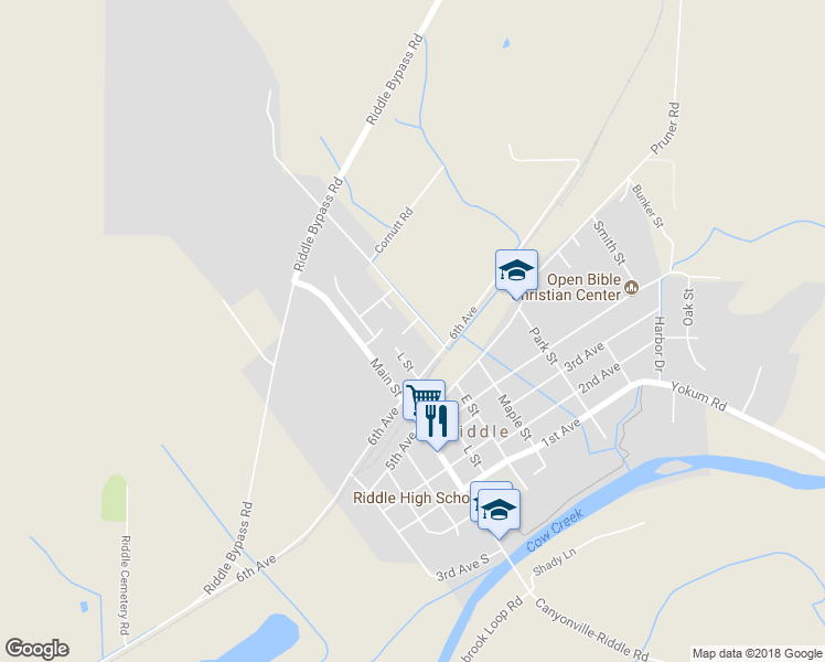 map of restaurants, bars, coffee shops, grocery stores, and more near 237 Nickel Court in Riddle