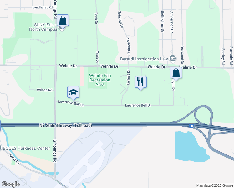 map of restaurants, bars, coffee shops, grocery stores, and more near 95 Earhart Drive in Buffalo