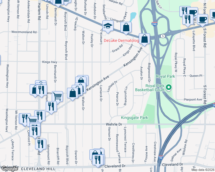map of restaurants, bars, coffee shops, grocery stores, and more near 126 Lorfield Drive in Buffalo