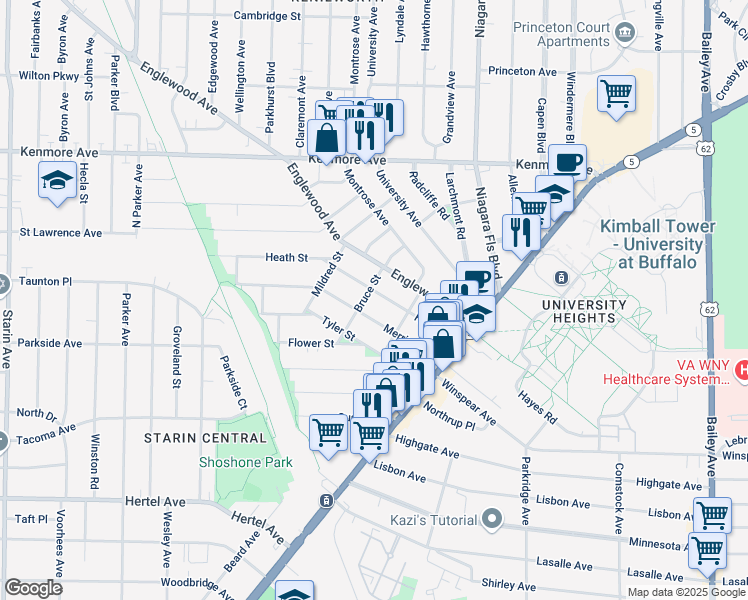 map of restaurants, bars, coffee shops, grocery stores, and more near 108 Heath Street in Buffalo