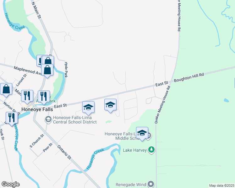 map of restaurants, bars, coffee shops, grocery stores, and more near 83 East Street in Honeoye Falls