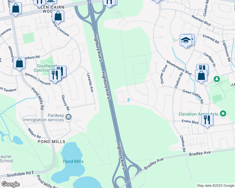map of restaurants, bars, coffee shops, grocery stores, and more near 1960 Evans Boulevard in London