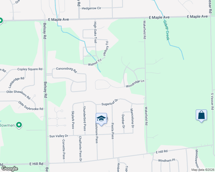 map of restaurants, bars, coffee shops, grocery stores, and more near 6046 Woodridge Lane in Grand Blanc