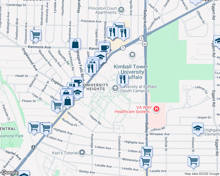 map of restaurants, bars, coffee shops, grocery stores, and more near 290 Hayes Road in Buffalo