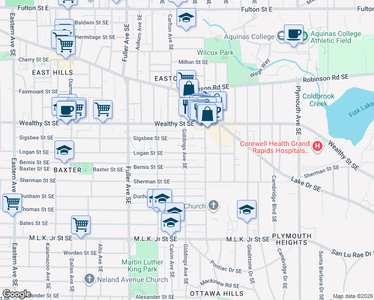 map of restaurants, bars, coffee shops, grocery stores, and more near 1351 Logan Street Southeast in Grand Rapids