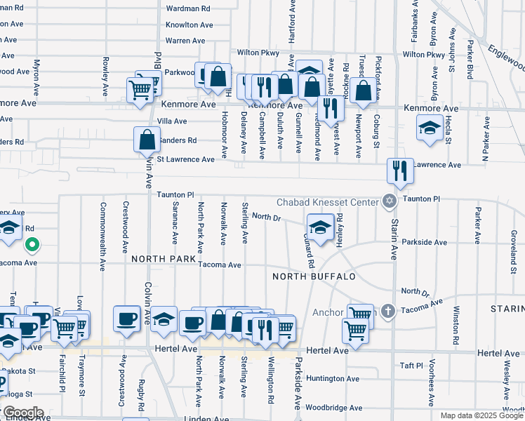 map of restaurants, bars, coffee shops, grocery stores, and more near 319 North Drive in Buffalo