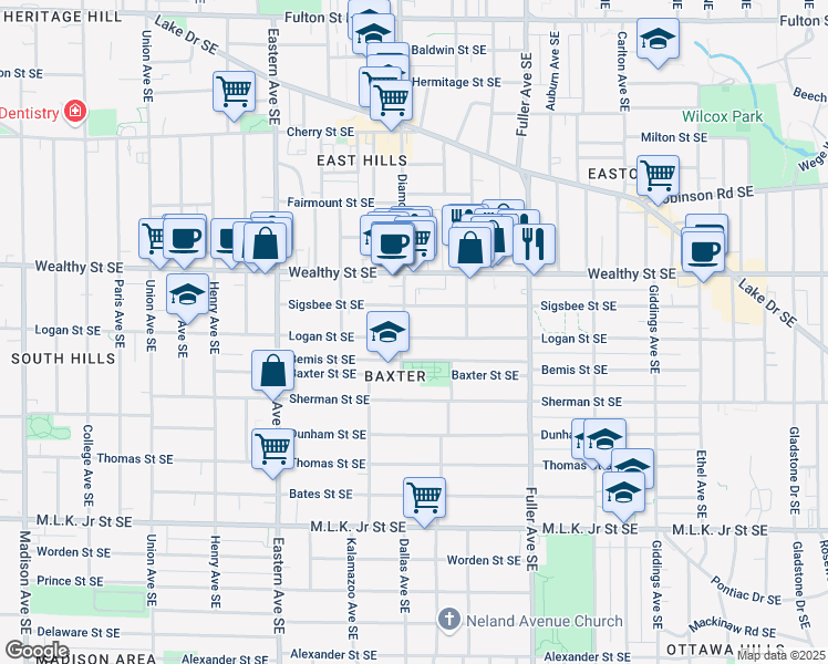 map of restaurants, bars, coffee shops, grocery stores, and more near 1011 Logan Street Southeast in Grand Rapids
