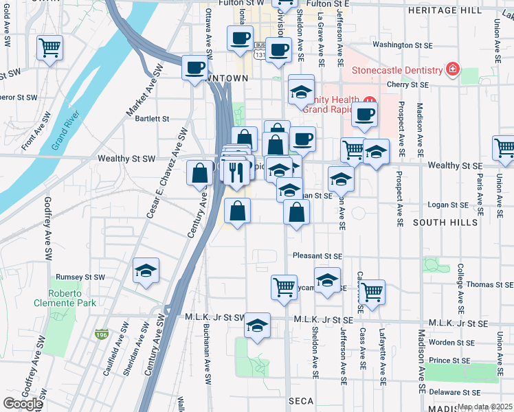 map of restaurants, bars, coffee shops, grocery stores, and more near 40 Logan Street Southwest in Grand Rapids