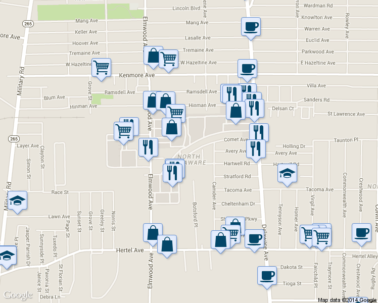 map of restaurants, bars, coffee shops, grocery stores, and more near 155 Comet Avenue in Buffalo