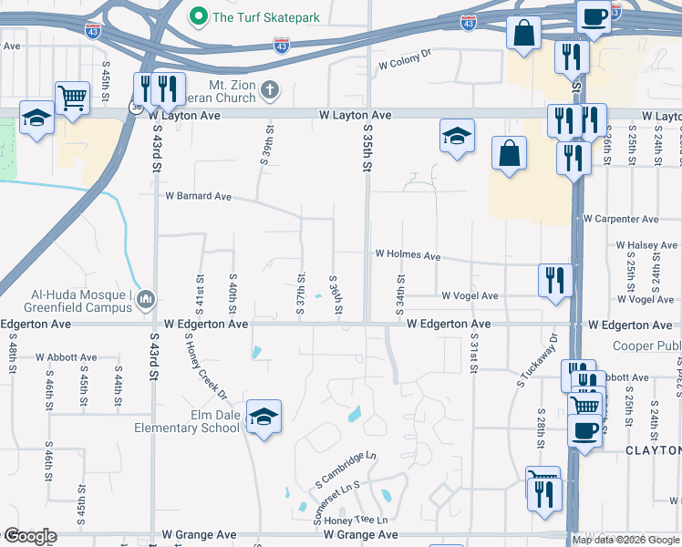 map of restaurants, bars, coffee shops, grocery stores, and more near 5006 South 36th Street in Greenfield