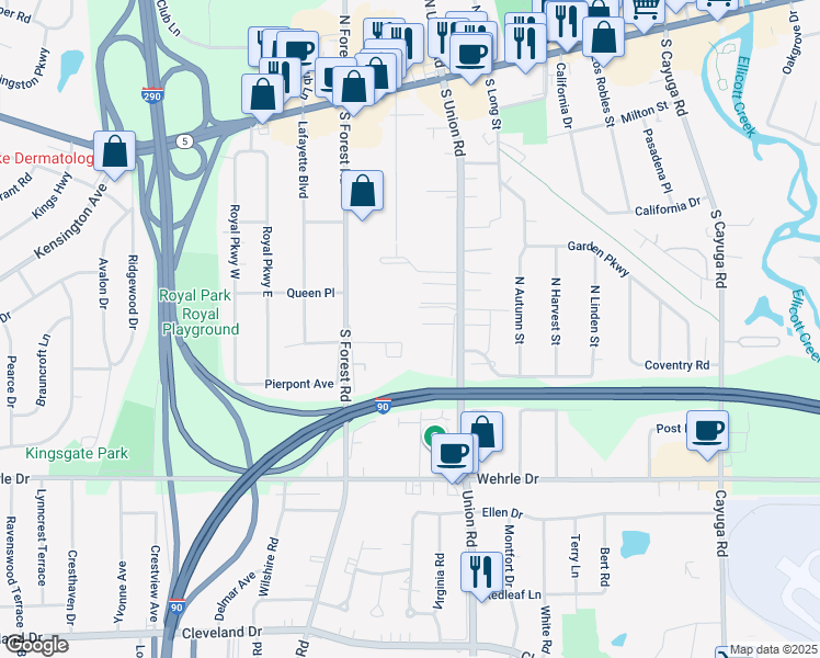 map of restaurants, bars, coffee shops, grocery stores, and more near 40 Williamsburg Square in Buffalo