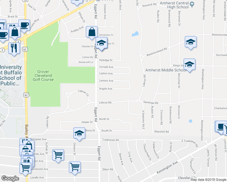 map of restaurants, bars, coffee shops, grocery stores, and more near 75 Argyle Avenue in Buffalo