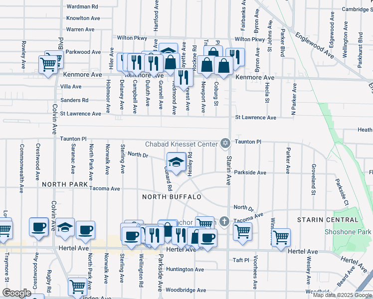 map of restaurants, bars, coffee shops, grocery stores, and more near 62 Henley Road in Buffalo