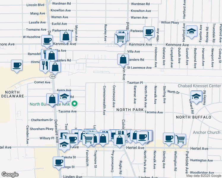 map of restaurants, bars, coffee shops, grocery stores, and more near 324 Crestwood Avenue in Buffalo