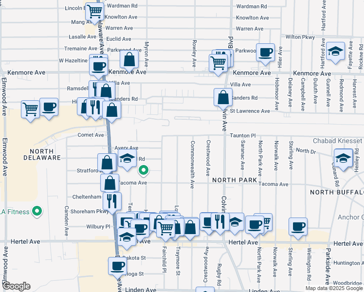 map of restaurants, bars, coffee shops, grocery stores, and more near 225 Lovering Avenue in Buffalo