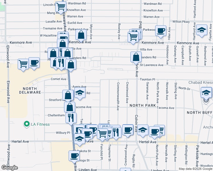 map of restaurants, bars, coffee shops, grocery stores, and more near 223 Virgil Avenue in Buffalo