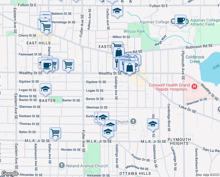map of restaurants, bars, coffee shops, grocery stores, and more near 1351 Logan Street Southeast in Grand Rapids
