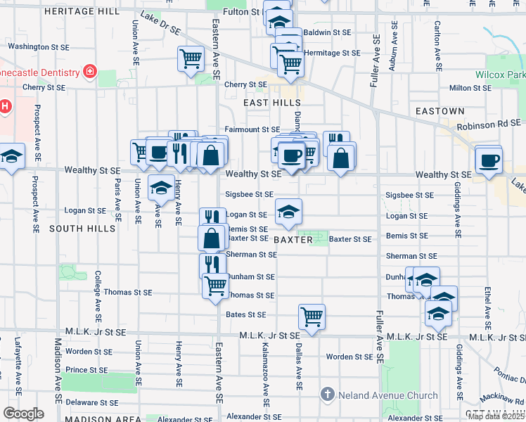 map of restaurants, bars, coffee shops, grocery stores, and more near 857 Logan Street Southeast in Grand Rapids