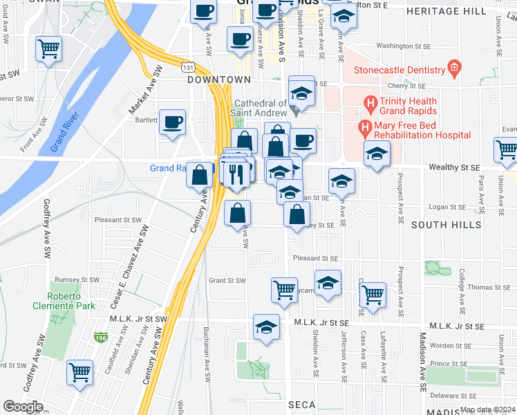 map of restaurants, bars, coffee shops, grocery stores, and more near 40 Logan Street Southwest in Grand Rapids