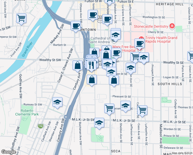 map of restaurants, bars, coffee shops, grocery stores, and more near 40 Logan Street Southwest in Grand Rapids