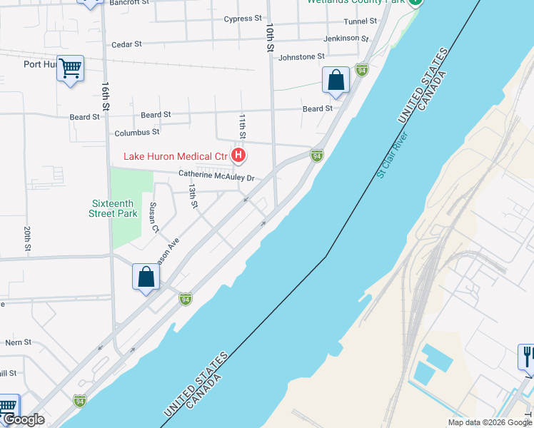 map of restaurants, bars, coffee shops, grocery stores, and more near 2675 Military Street in Port Huron