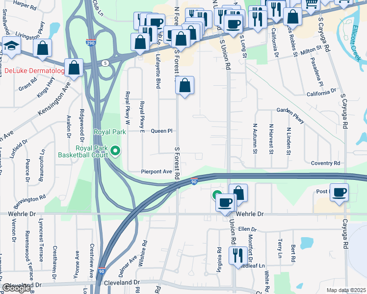 map of restaurants, bars, coffee shops, grocery stores, and more near 234 South Forest Road in Buffalo