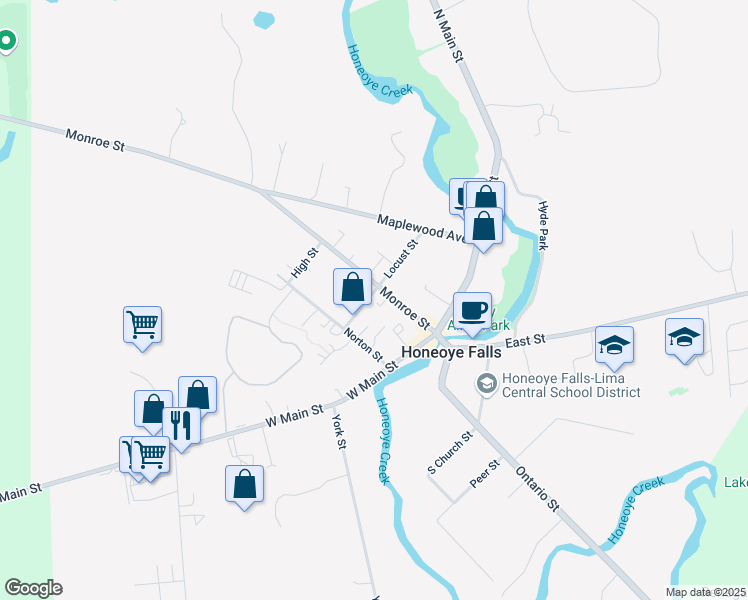 map of restaurants, bars, coffee shops, grocery stores, and more near 30 Monroe Street in Honeoye Falls