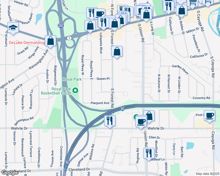 map of restaurants, bars, coffee shops, grocery stores, and more near 234 South Forest Road in Buffalo