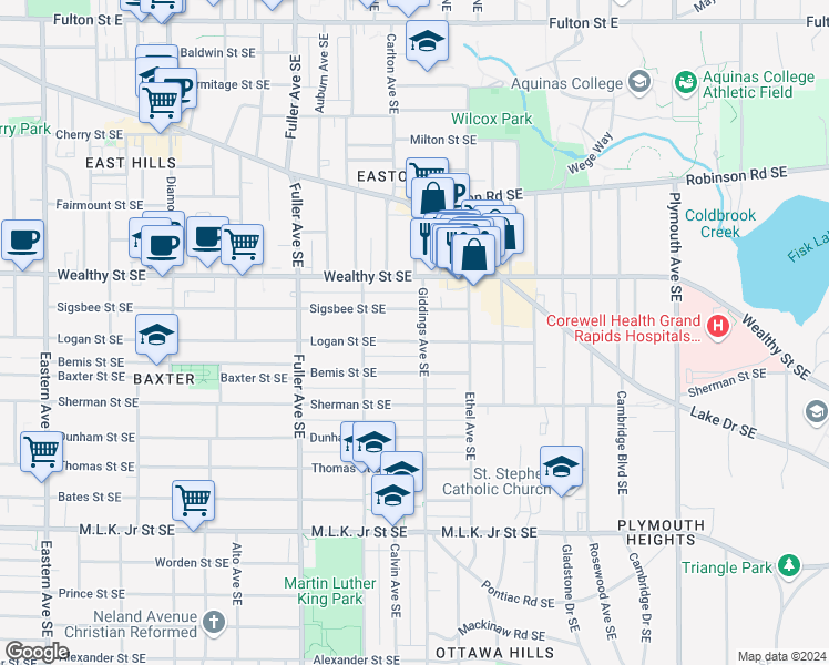 map of restaurants, bars, coffee shops, grocery stores, and more near 1351 Logan Street Southeast in Grand Rapids