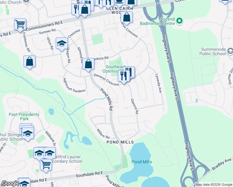 map of restaurants, bars, coffee shops, grocery stores, and more near 110 Deveron Crescent in London