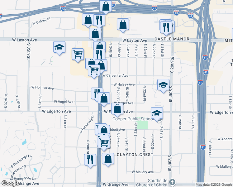 map of restaurants, bars, coffee shops, grocery stores, and more near 4985 South 25th Street in Milwaukee