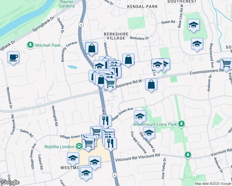 map of restaurants, bars, coffee shops, grocery stores, and more near 670 Wonderland Road South in London