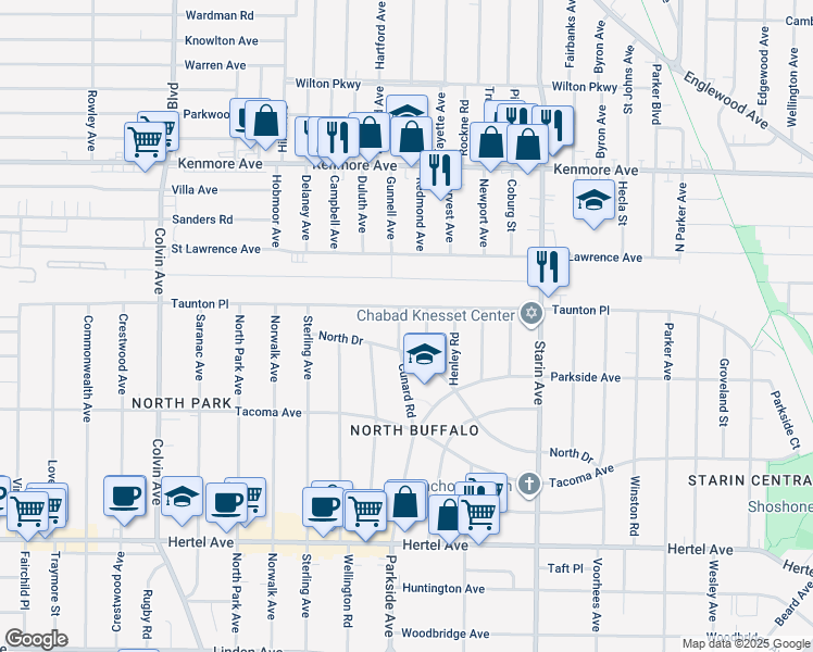 map of restaurants, bars, coffee shops, grocery stores, and more near 111 Cunard Road in Buffalo