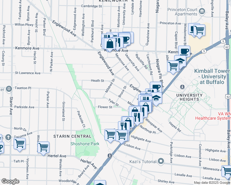 map of restaurants, bars, coffee shops, grocery stores, and more near 135 Merrimac Street in Buffalo