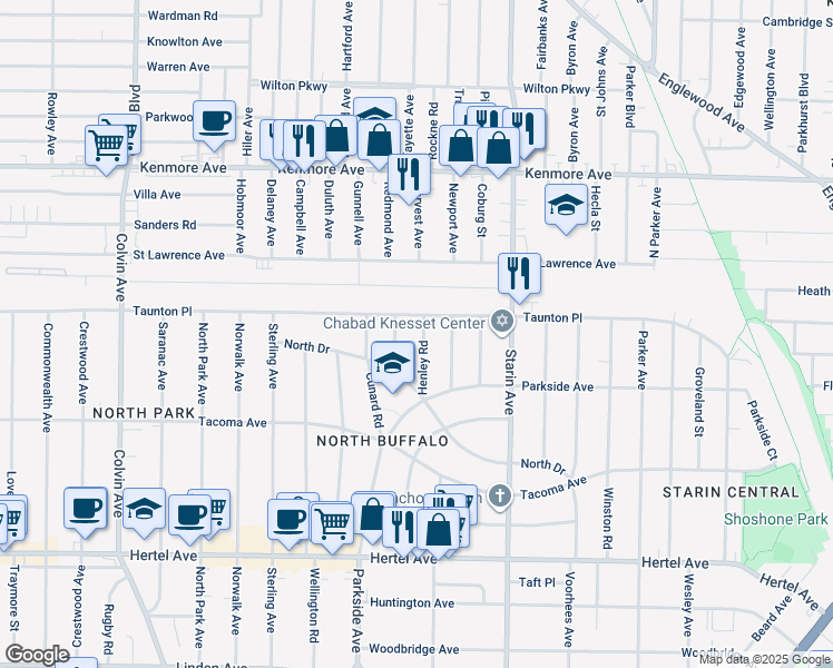 map of restaurants, bars, coffee shops, grocery stores, and more near 62 Henley Road in Buffalo