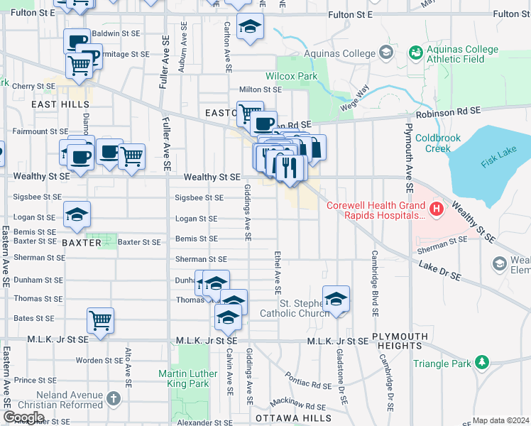 map of restaurants, bars, coffee shops, grocery stores, and more near 1425 Logan Street Southeast in Grand Rapids