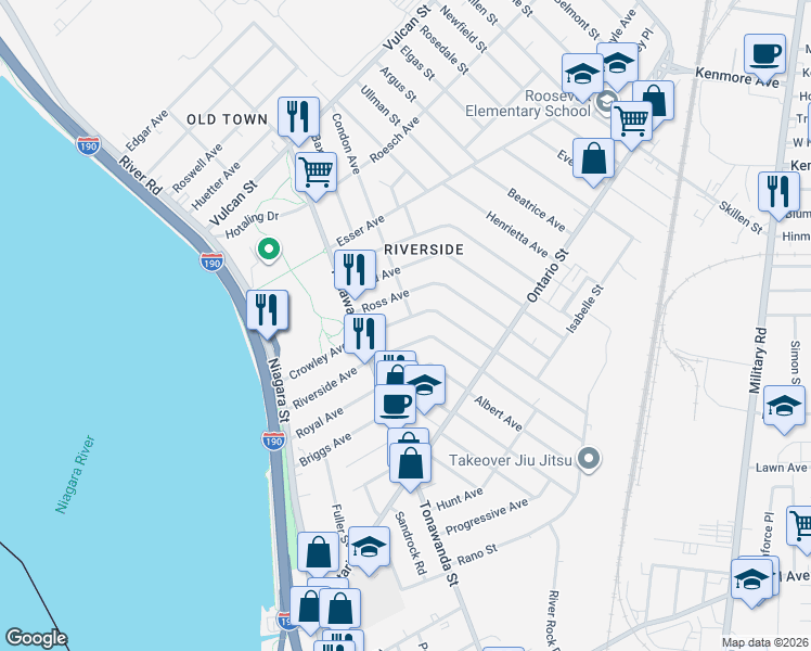 map of restaurants, bars, coffee shops, grocery stores, and more near 143 Crowley Avenue in Buffalo